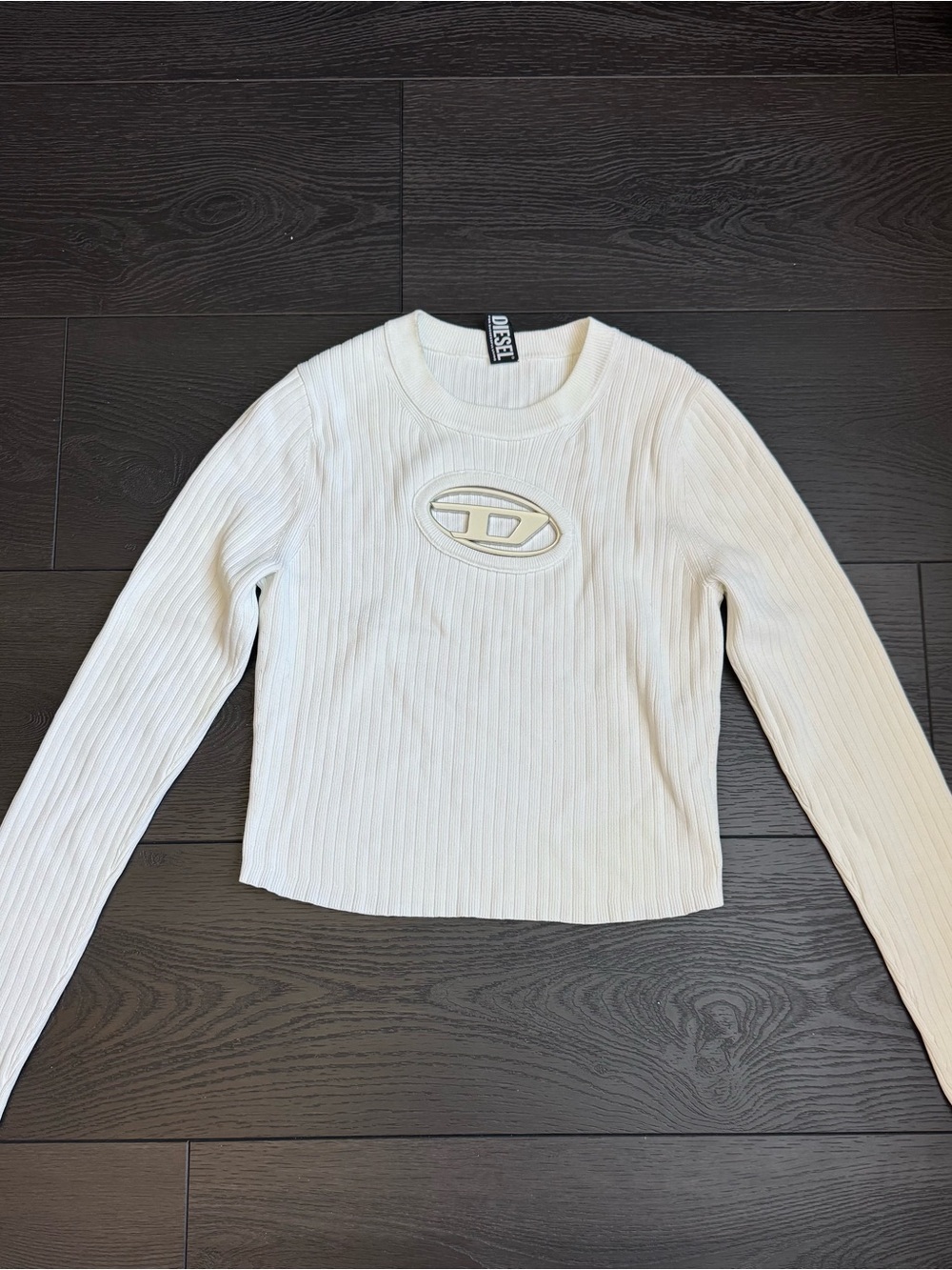 Diesel Cream Ribbed Long-Sleeve Crop Top with Logo Patch